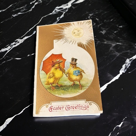 Vtg Easter Postcard Anthropomorphic Sun & Chick Couple Flowers Umbrella Top Hat - Picture 1 of 6